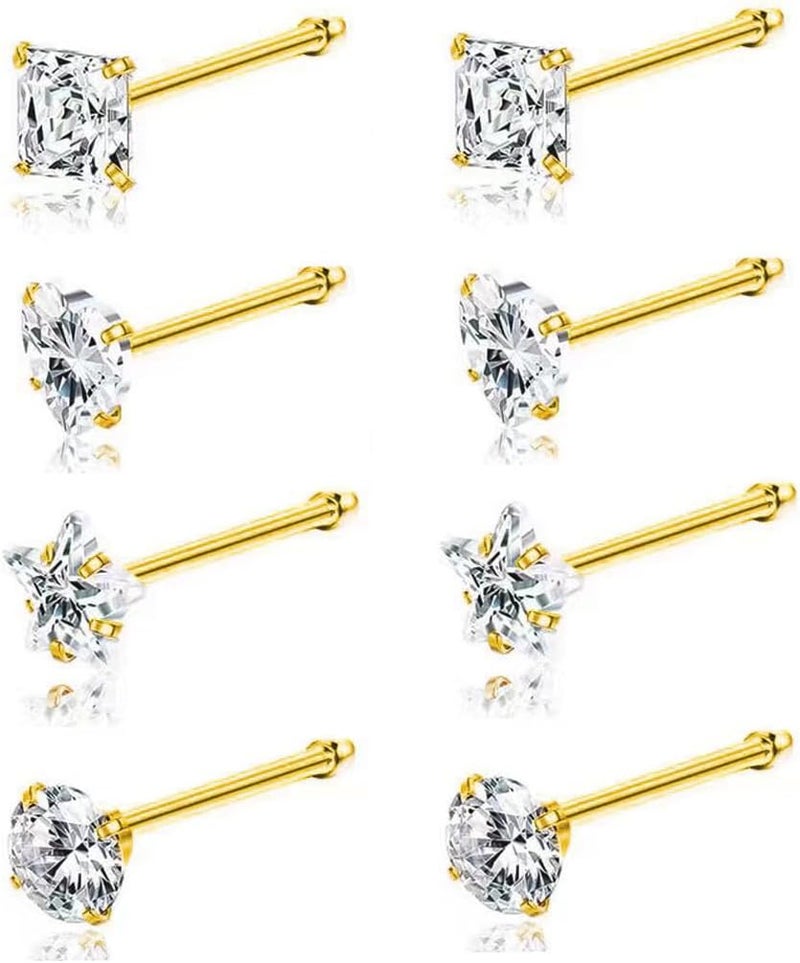 SEEDRILL 8Pcs 20G Nose Rings studs for Woman Hypoallergenic Nose Studs 316L Surgical Steel with Gold Plated Nose Piercings Jewelry 3mm CZ L Shape Nose Rings 20 Gauge Nose Stud Nose Screw Studs - Image 1
